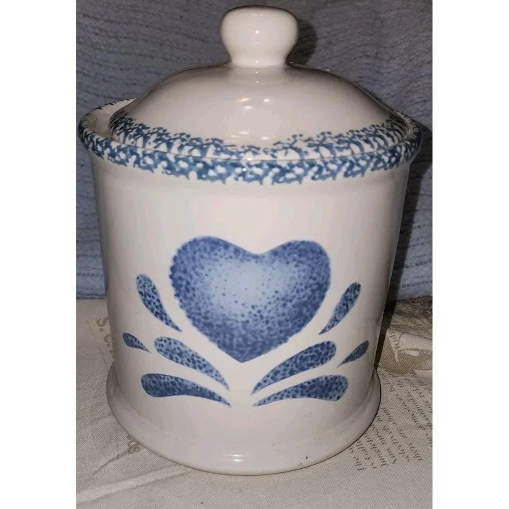 Vintage Blue Heart Spongeware 9 inch Canister Farmhouse House Lloyd Cottagecore